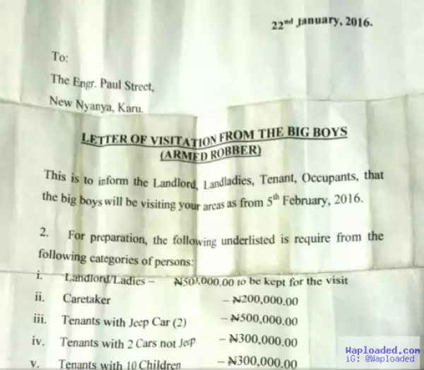 See The Hilarious Letter A Street In Abuja Got From Armed Robbers